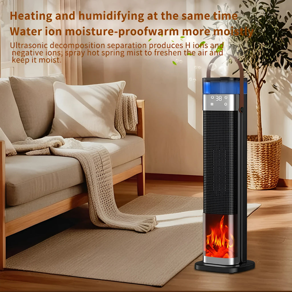 Tall, slim vertical heater with humidification function and a remote control on a wooden floor.