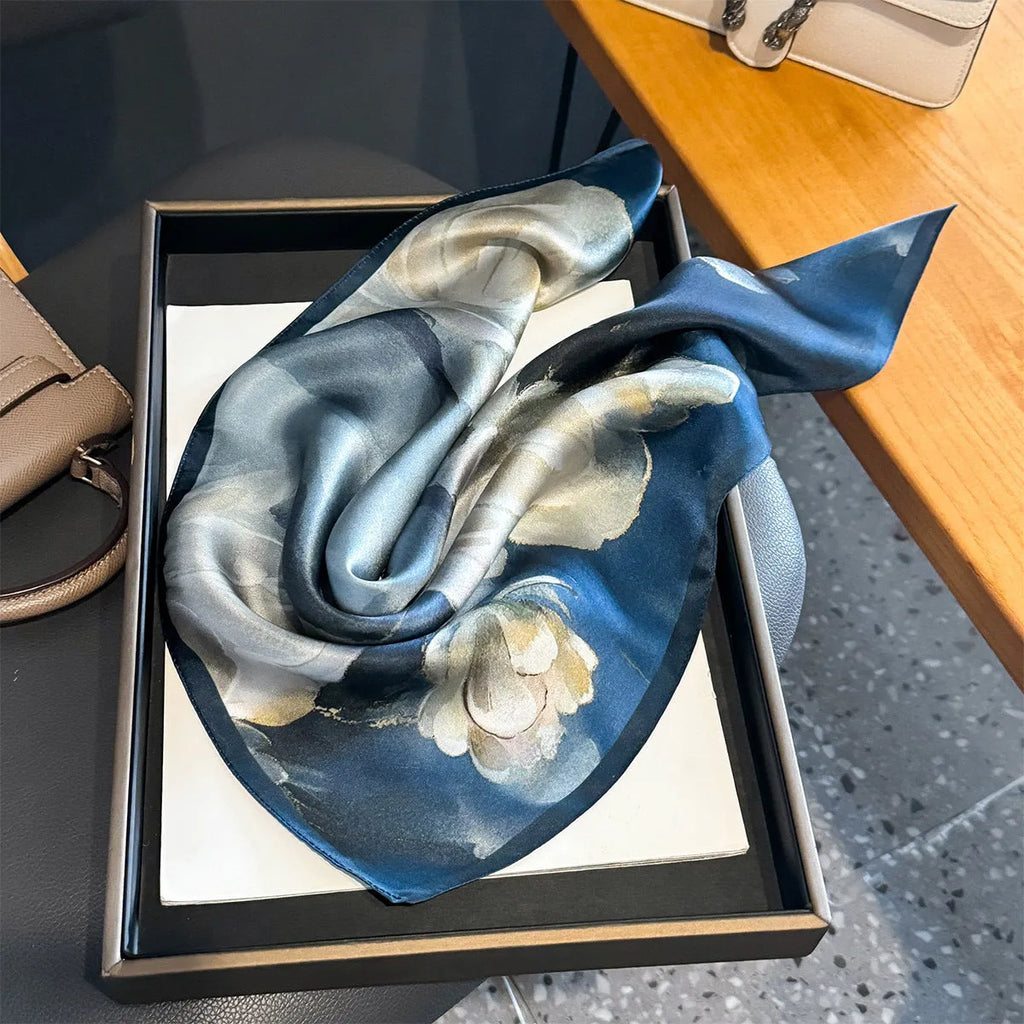 Blue mulberry silk square scarf with tie-dye pattern, 53x53cm, worn as neck wrap