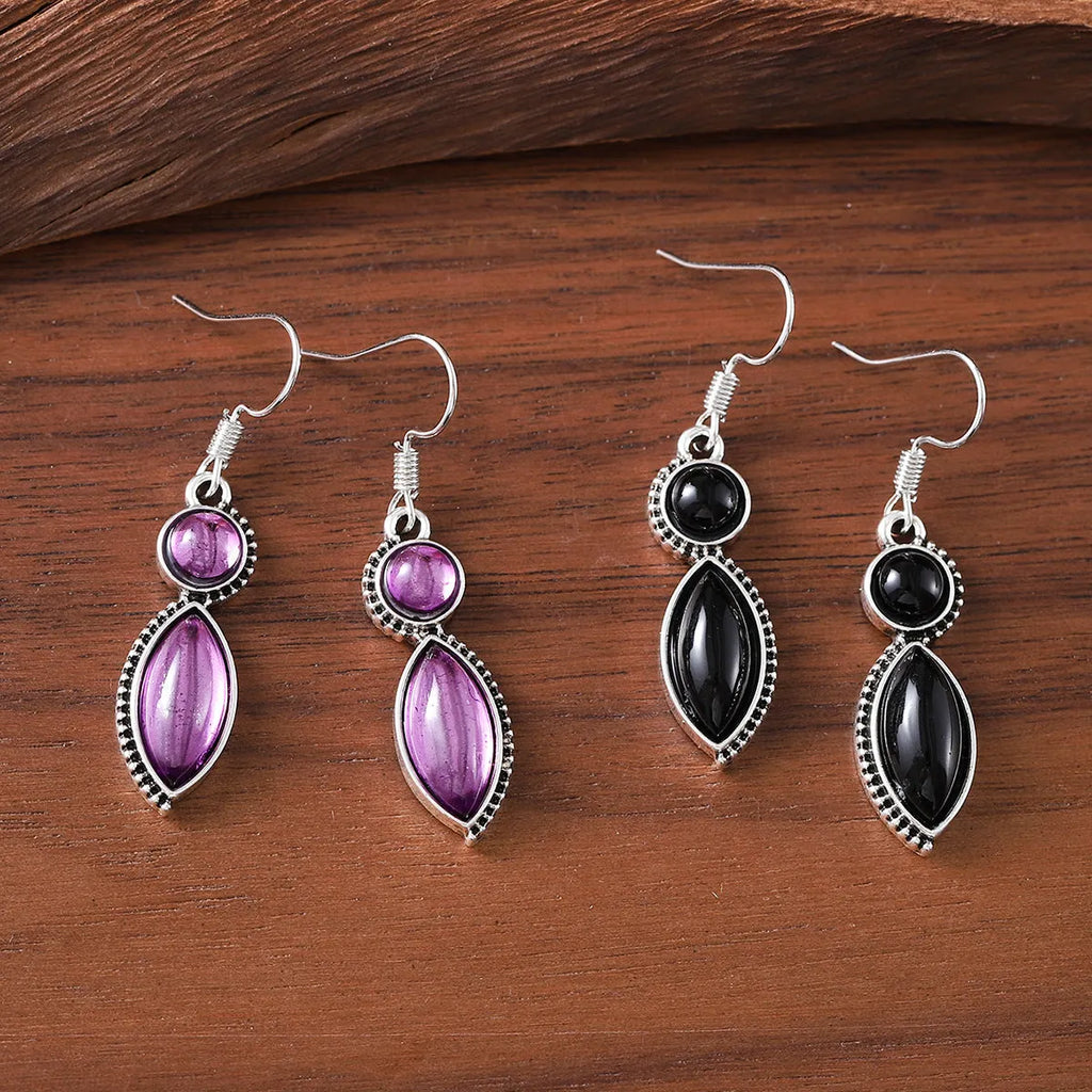 Vintage bohemian geometric pendant earrings with black and purple electroplated finish on zinc alloy
