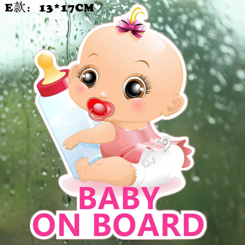 Baby On Board reflective car sticker set B033 with pink baby, angel, and feeding bottle designs
