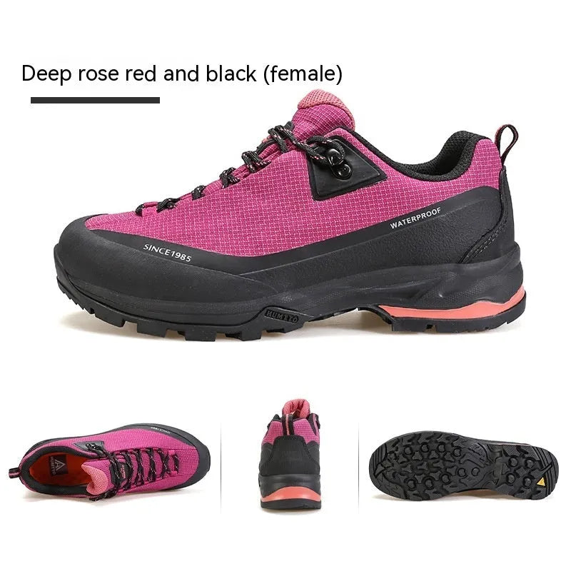 Men's low-top leather mesh hiking boot in black with lace-up front and rubber outsole.