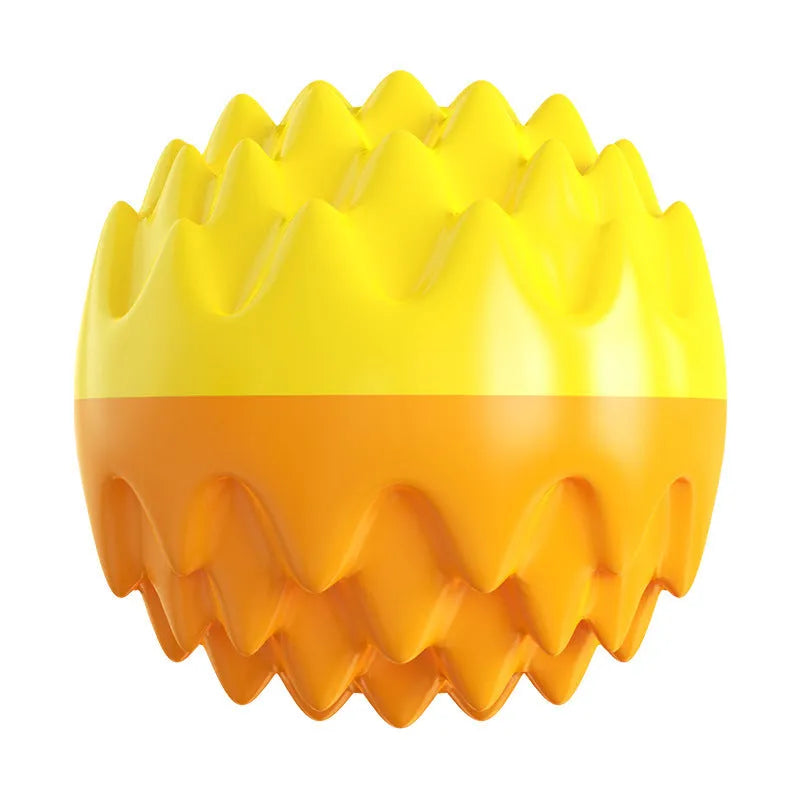 Blue and orange spiky rubber dog ball toy with squeaker for aggressive chewers