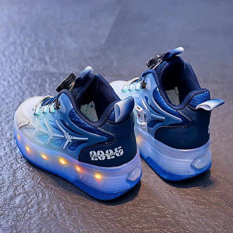 Blue children's knob roller skating shoes with striped pattern and rotating button closure.