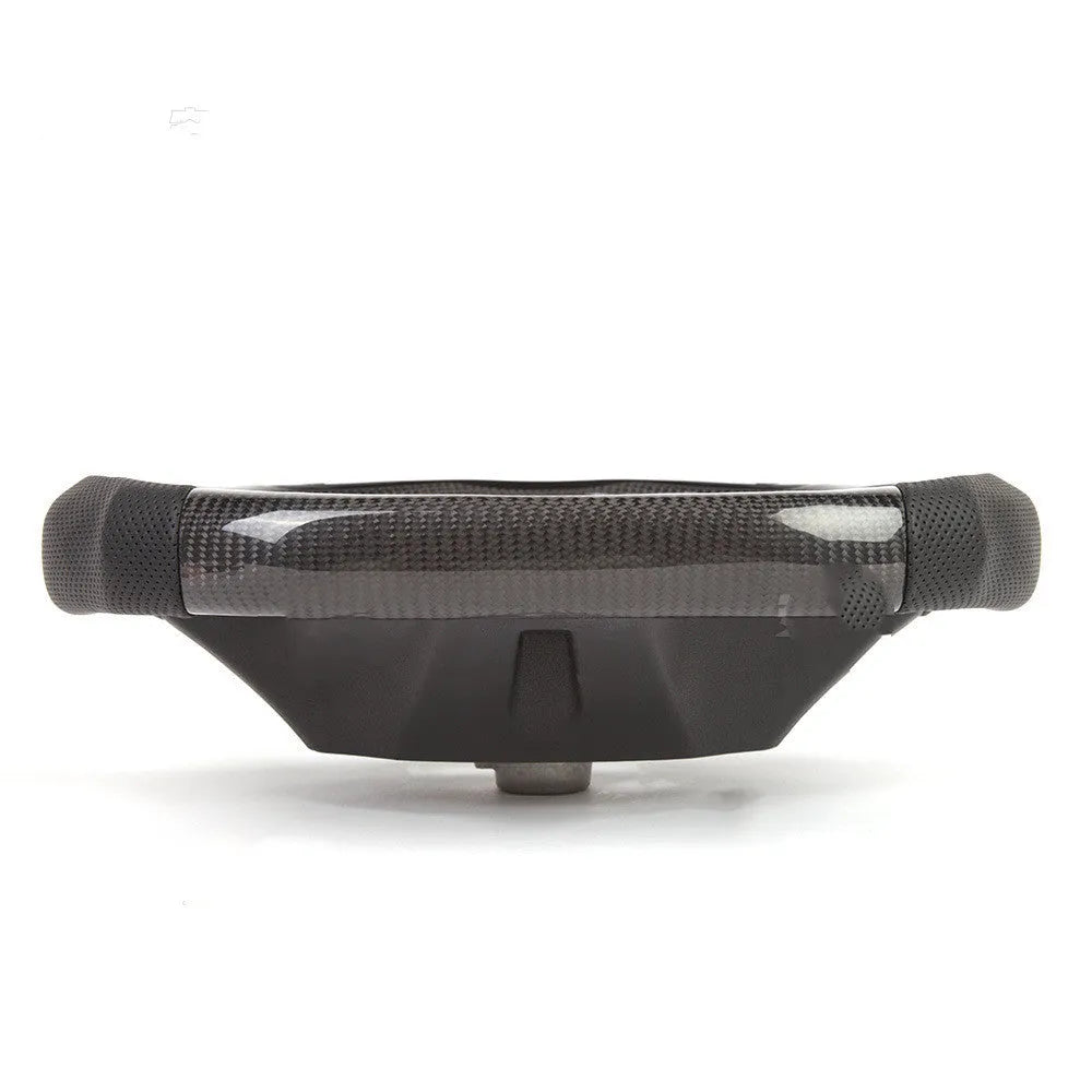 Black carbon fibre BMW sports steering wheel with LED display and multifunctional buttons.