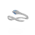 Silver adjustable snake ring with platinum colour finish on a white background