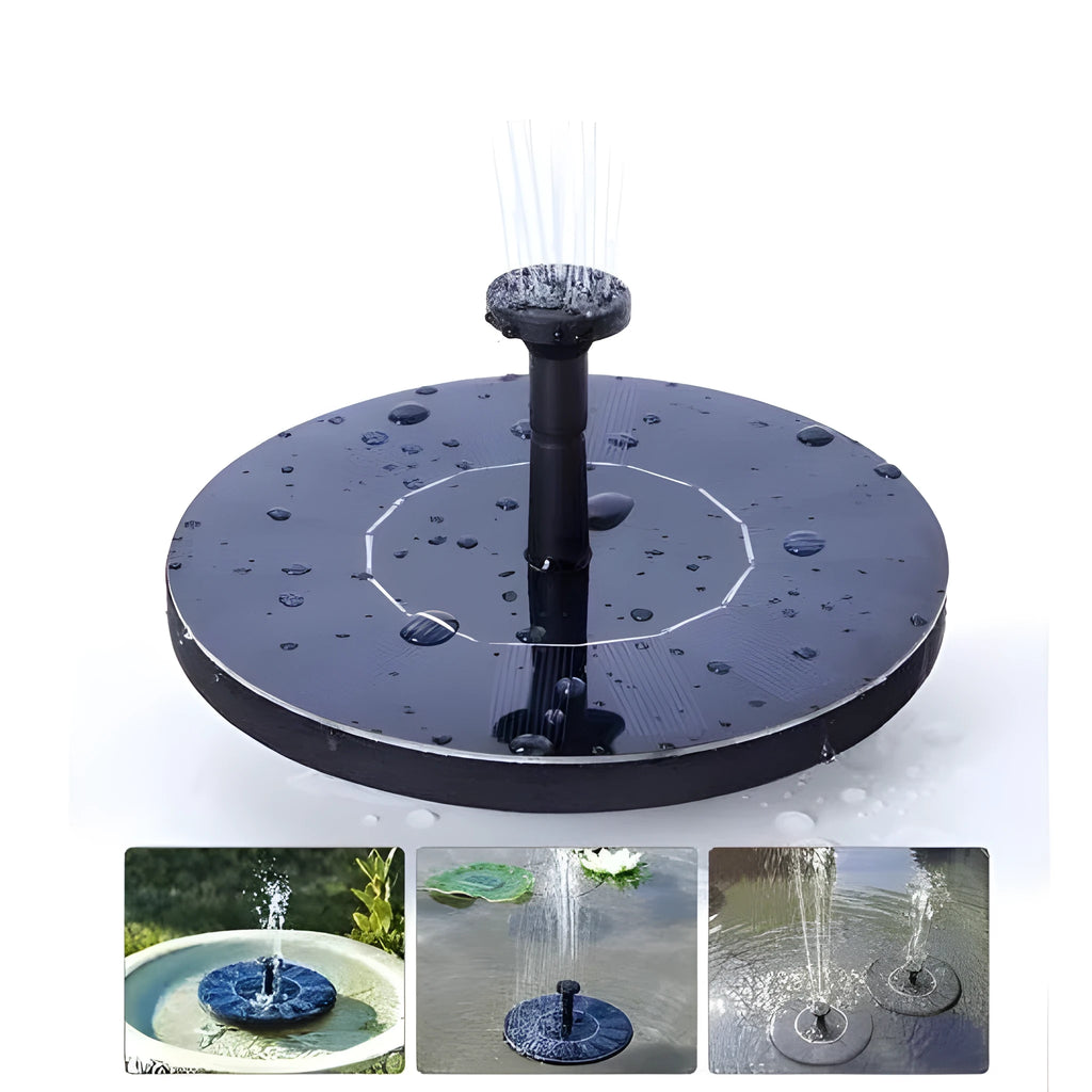 Black solar-powered water fountain pump with four spray nozzles on a 16x16cm base.