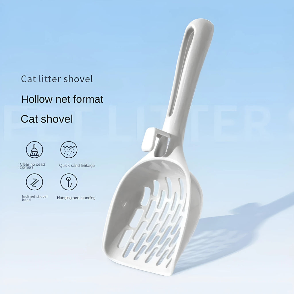 Grey plastic cat litter scoop with metal handle and matching storage base tray