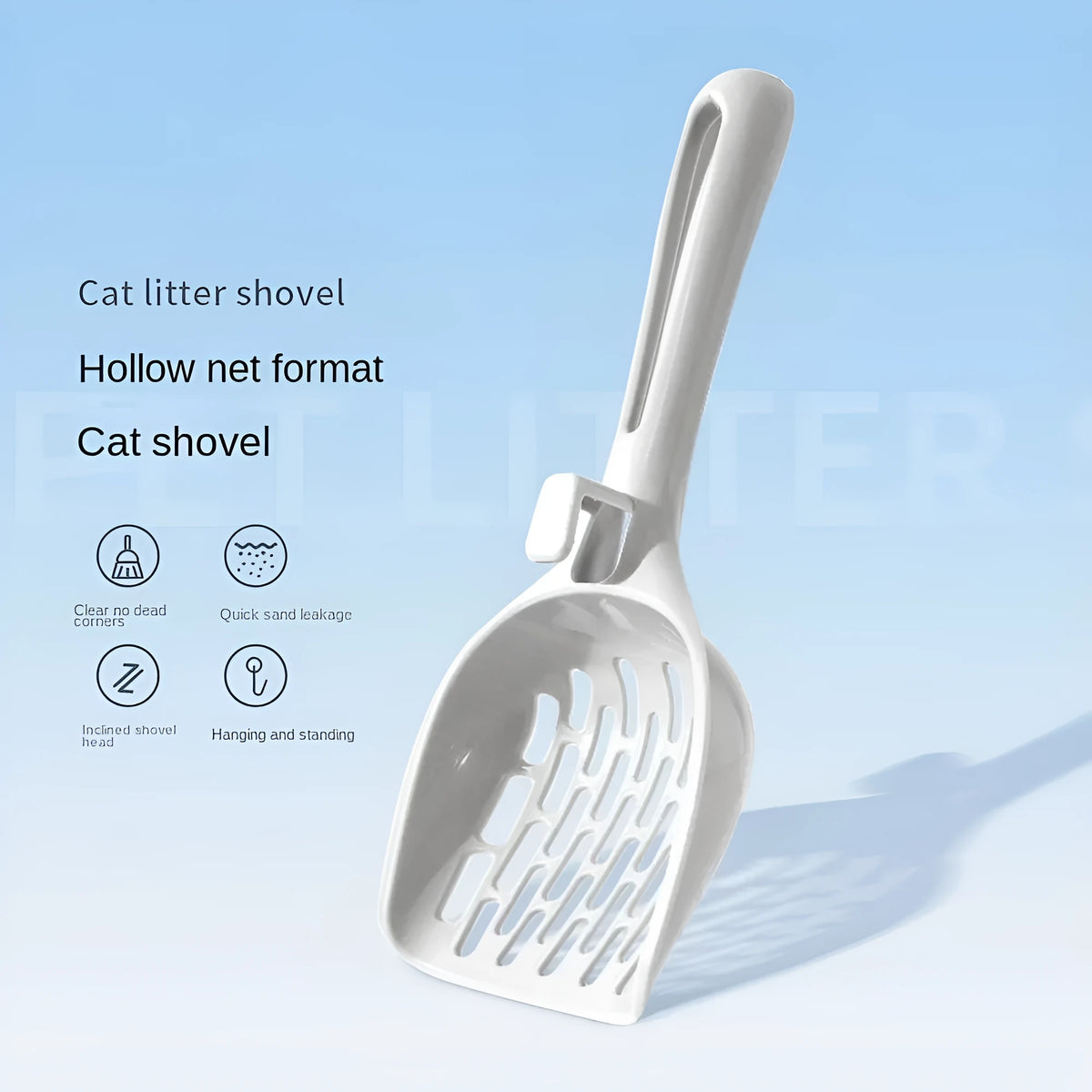 Grey plastic cat litter scoop with metal handle and matching storage base tray
