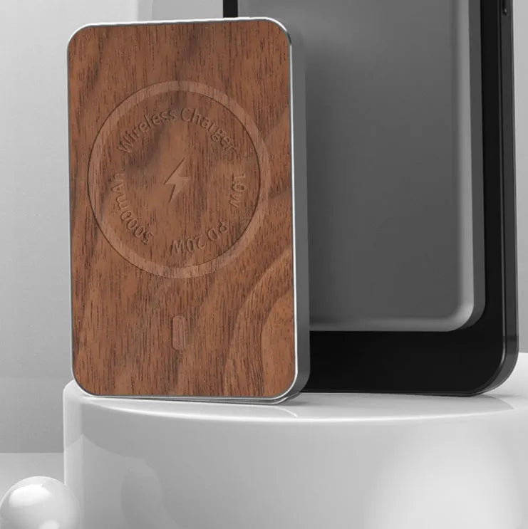 Khaki-coloured wireless magnetic charging bank with a 5000mAh capacity and alloy case.