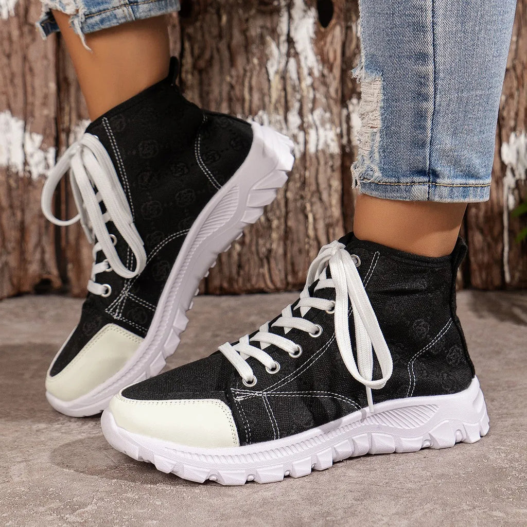 Women's rose print canvas lace-up boots with thick non-slip sole in black, pink, and khaki