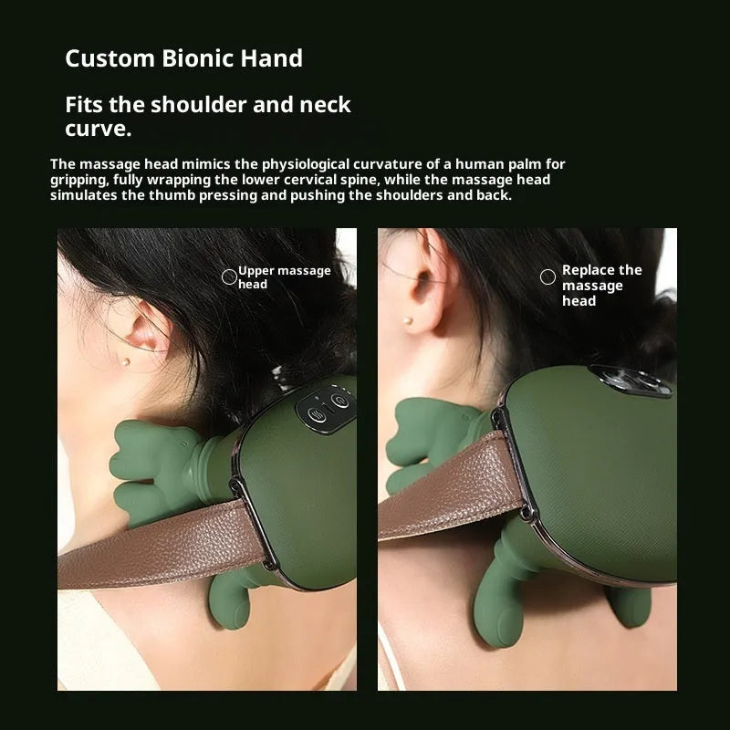 Rechargeable neck and shoulder massager in green or white, 14.5x12x11cm, with multi-mode and temperature adjustment