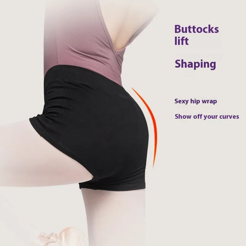 Black cotton ballet practice shorts for women shown flat.