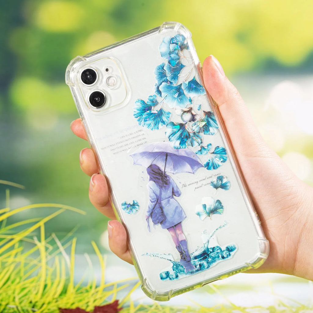 Roll of decorative PET stickers with six natural leaf patterns including ginkgo and maple designs