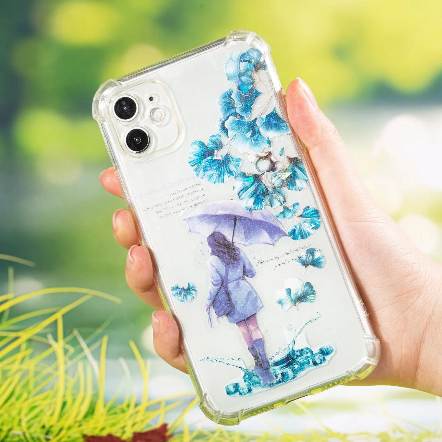 Roll of decorative PET stickers with six natural leaf patterns including ginkgo and maple designs