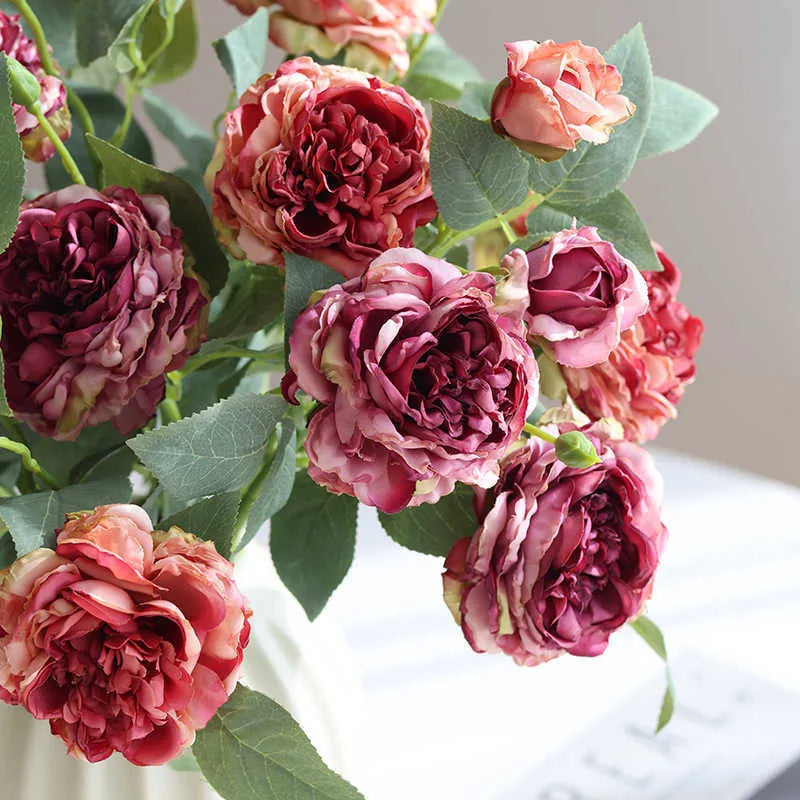 Silk emulational rose flower with baking edge process in beige for wedding and home decoration