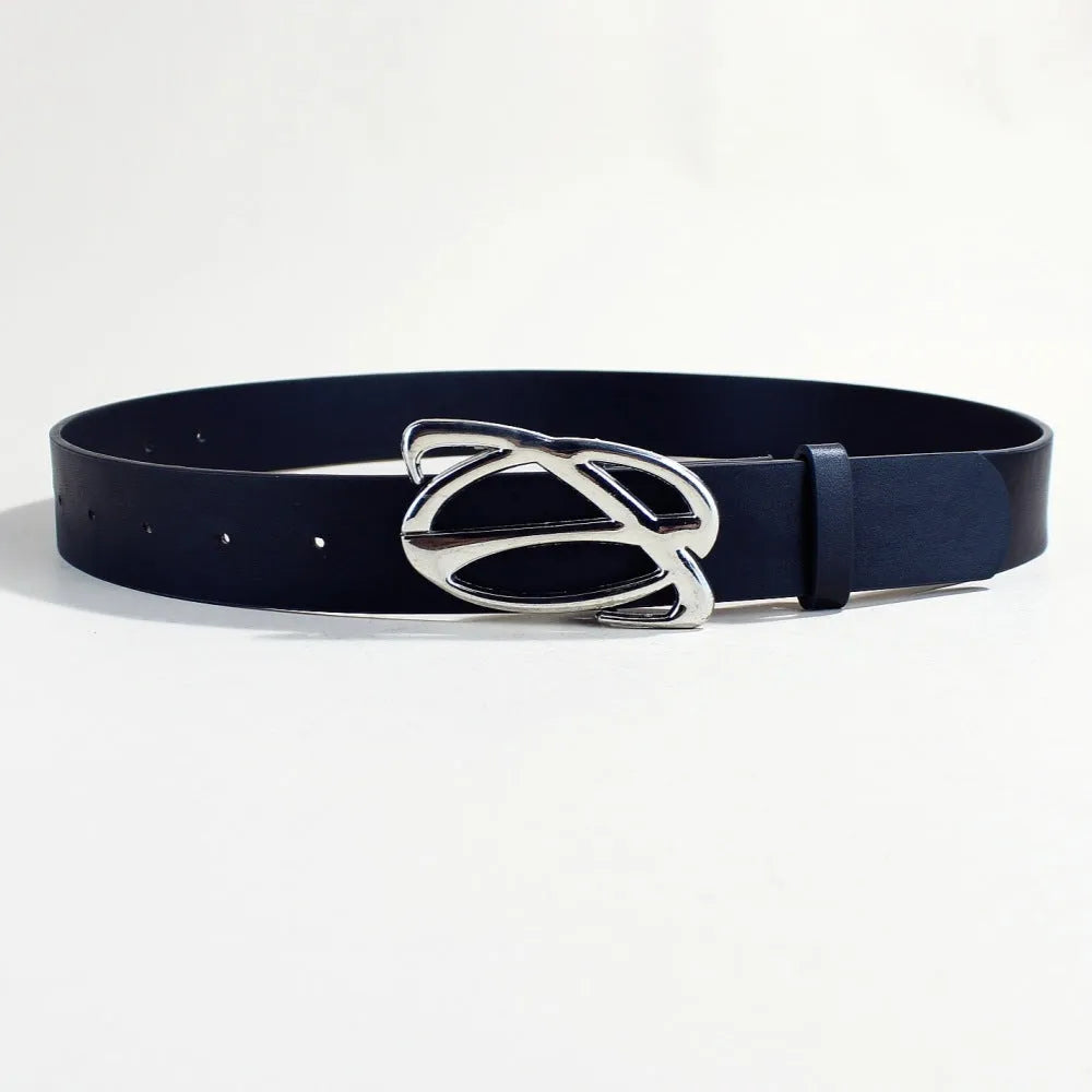 Silver buckle PU leather casual belt with snap-button fastening, shown at 105cm length.