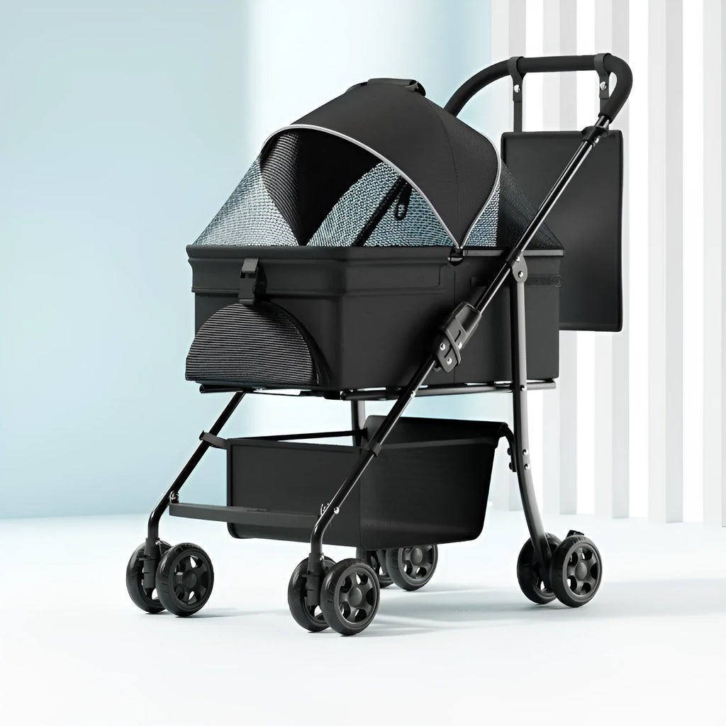 Black metal folding pet cart with removable design for dog and cat transport