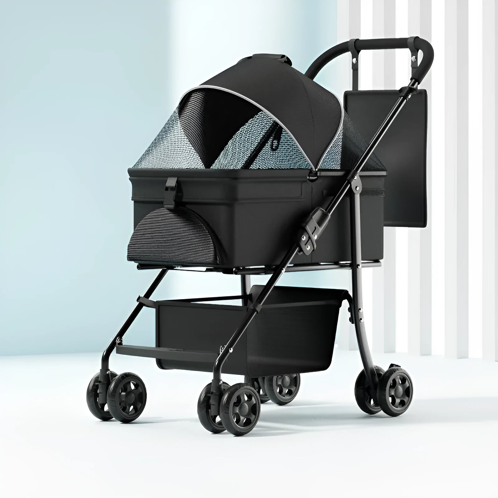 Black metal folding pet cart with removable design for dog and cat transport