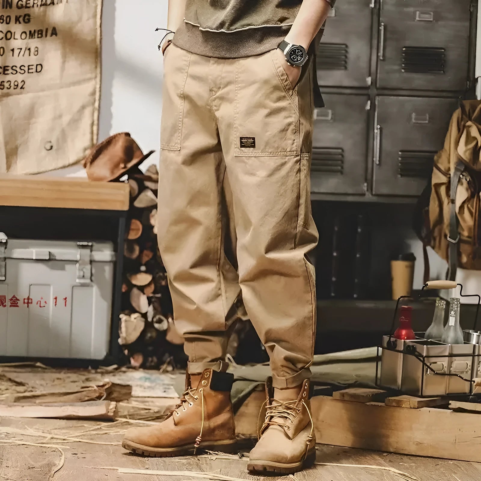 American retro lumberjack ankle banded pants in khaki, straight-leg drawstring style for men