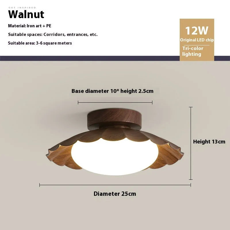 Mid-ancient silent balcony LED ceiling light round 25 beige walnut iron acrylic shade three-colour modes