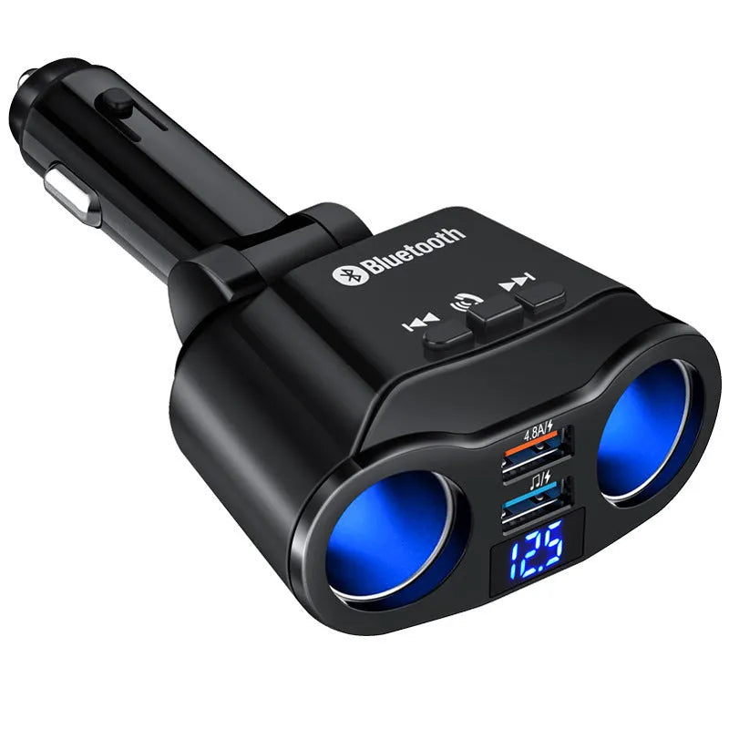 A black car Bluetooth FM transmitter plugged into a vehicle's cigarette lighter socket.