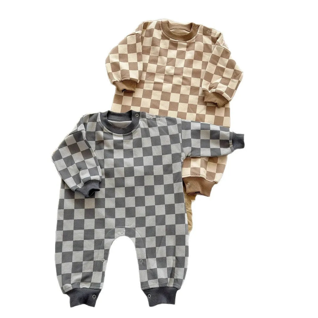 Baby cotton crawler suit long sleeve short climb style in light brown grid neutral design spring autumn