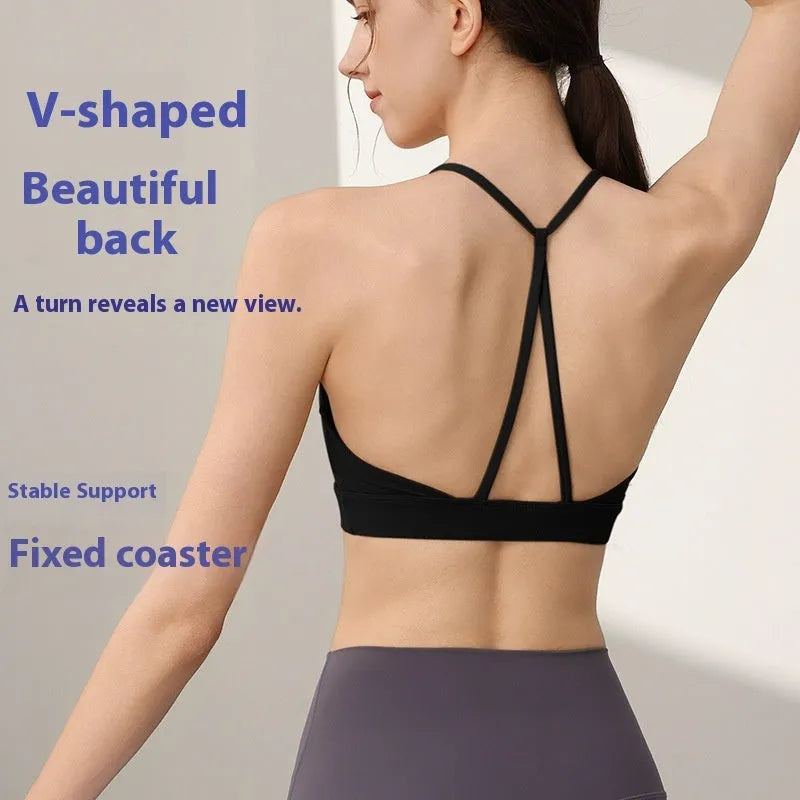 Women's high-strength nylon sports vest for running and yoga in black colour with double-shoulder straps.