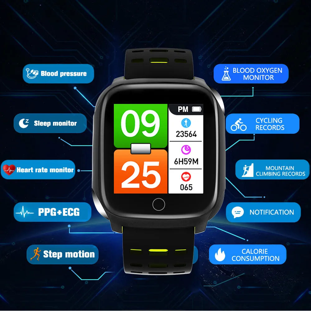 F16 smart watch with ECG monitoring on silicone wristband showing black colour options