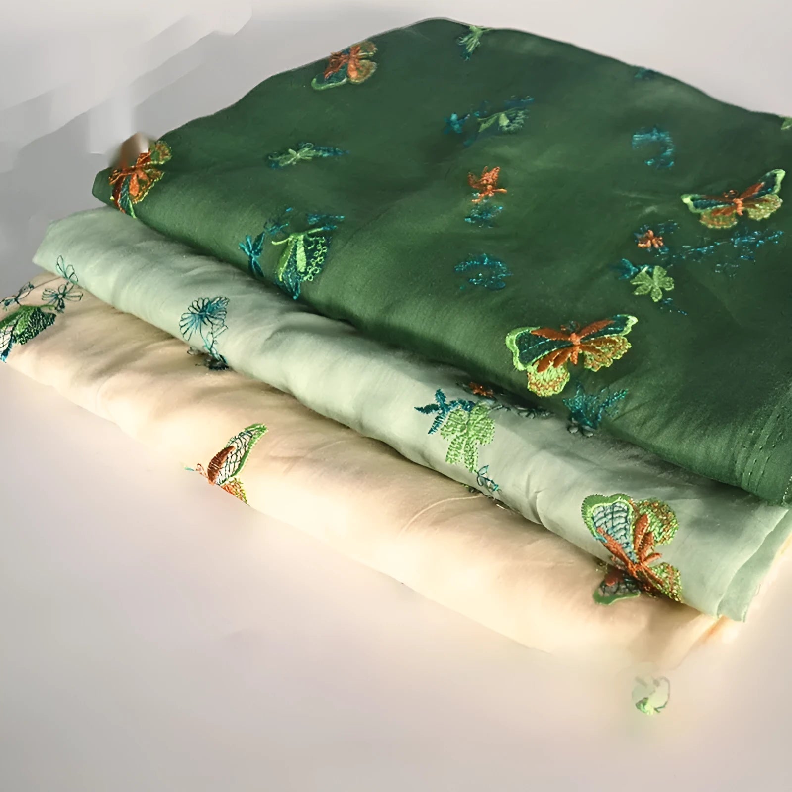 Pure ramie embroidery cloth fabric for Hanfu, 140cm wide, in beige, grass green, and dark green colour options.