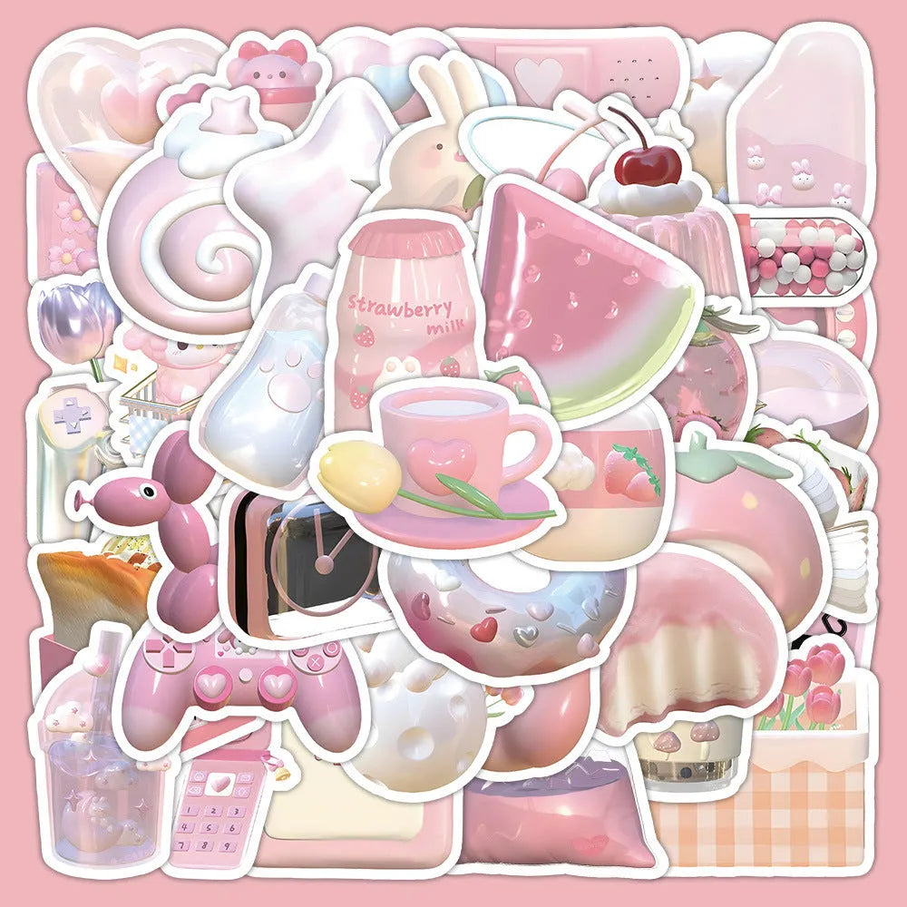 Pink girl heart 3D decorative stickers in two pattern variations, 63 pieces per pack
