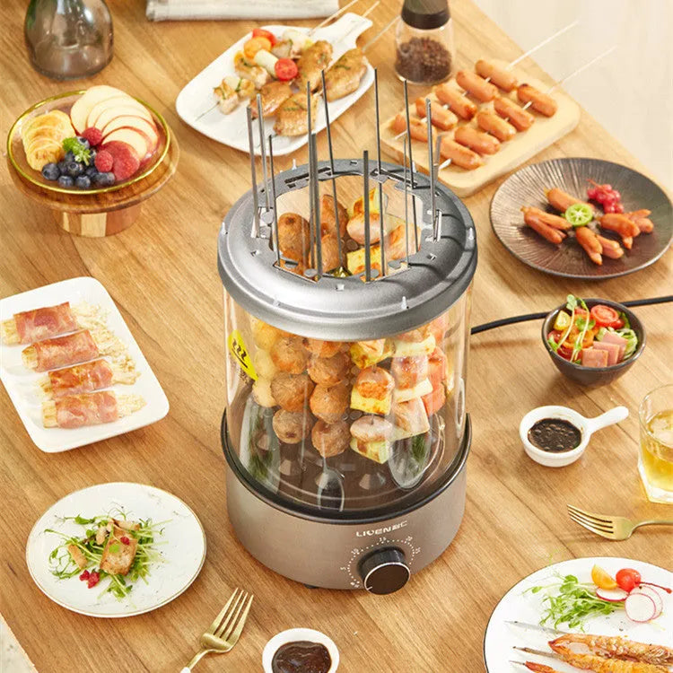 Household electric barbecue oven with automatic rotation, 1100W, 210mm diameter, 210x310mm, on countertop