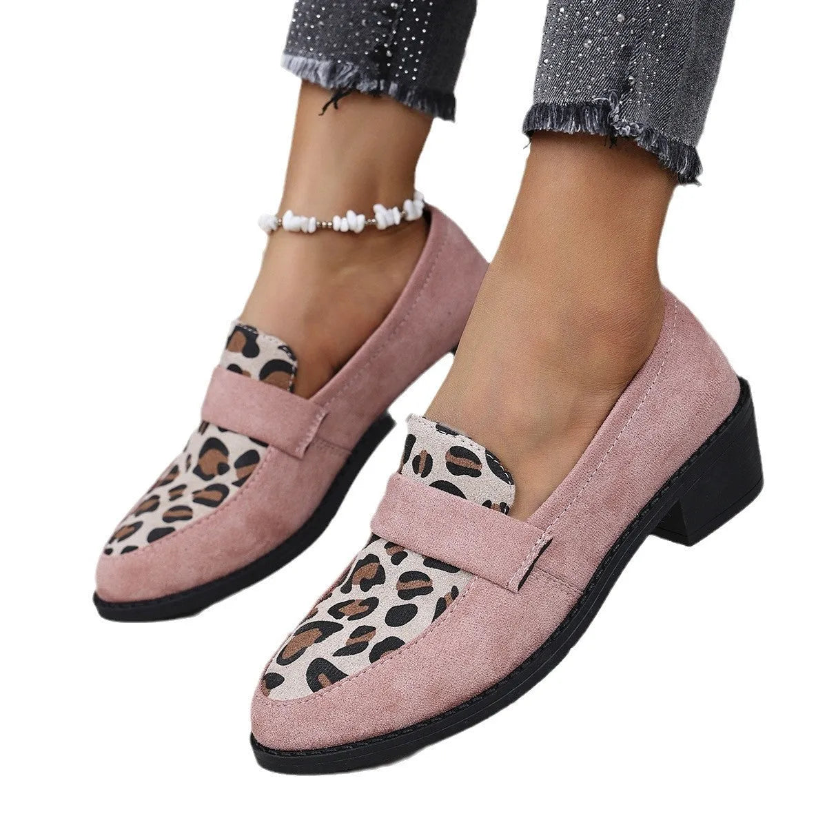 Leopard print slip-on suede pumps with chunky heel and pointed toe in three colour options
