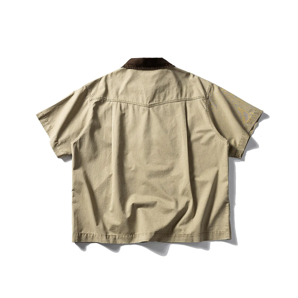 Washed cotton short-sleeve overalls shirt in loose cardigan style available in khaki or grey colours