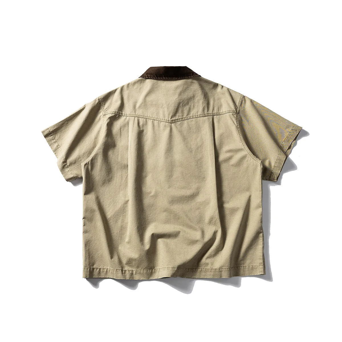 Washed cotton short-sleeve overalls shirt in loose cardigan style available in khaki or grey colours