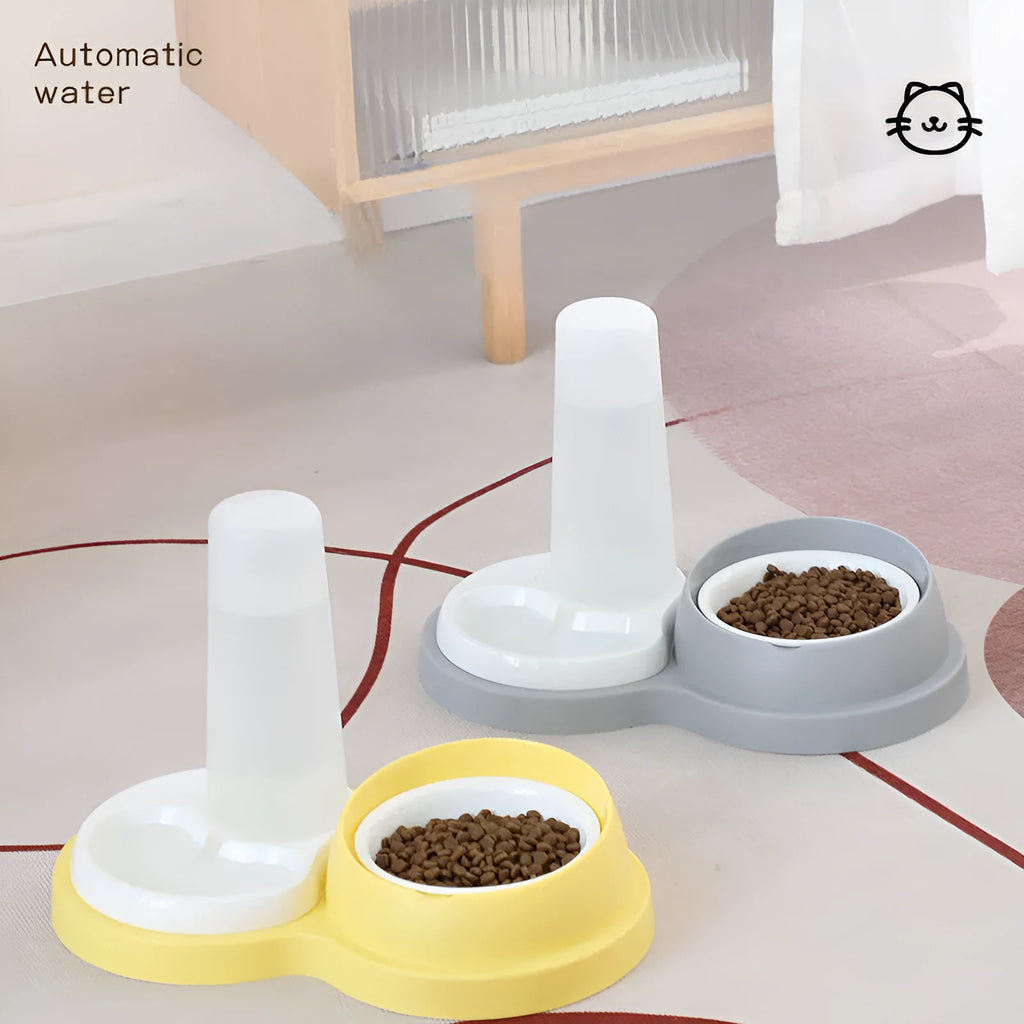Grey and yellow pet dual feeding bowl with automatic water dispenser and neck protection design