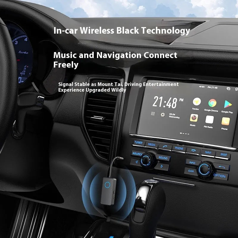 Black Bluetooth 5.4 audio adapter with a 3.5mm plug for wireless music streaming.