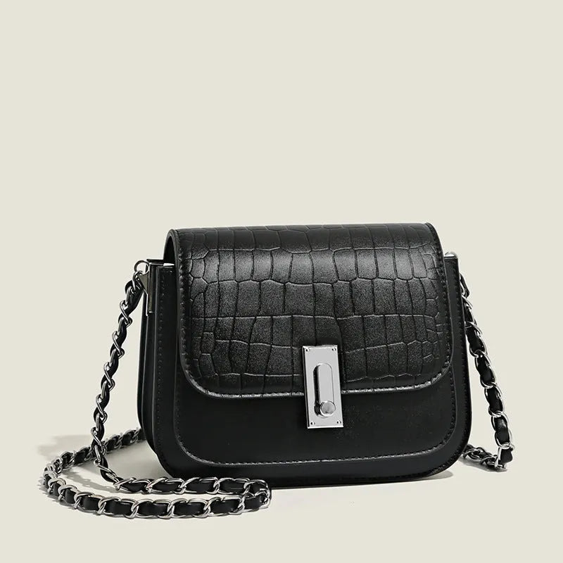 Women's black PU chain shoulder bag with horizontal square design showing mobile phone pocket