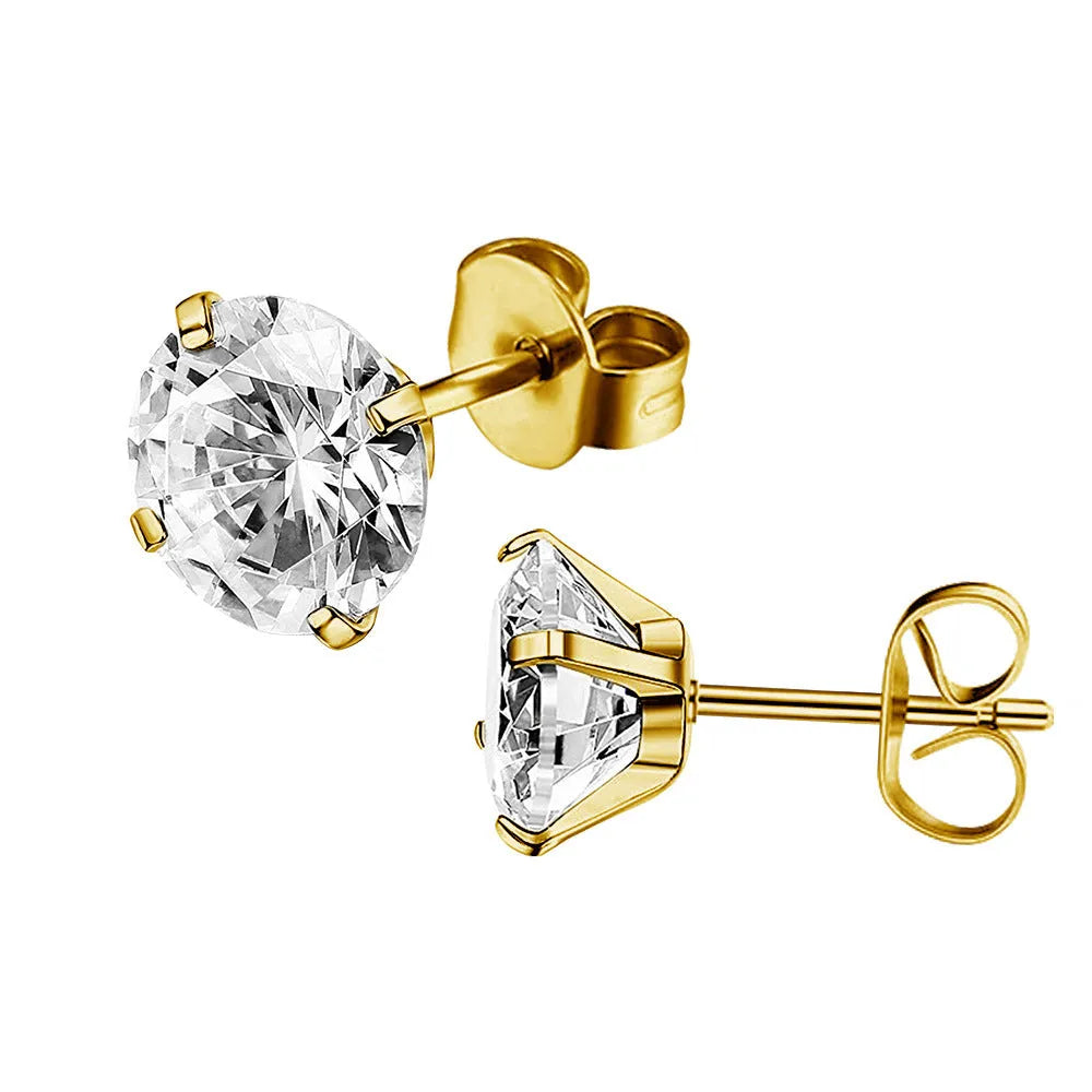 Titanium steel geometric square zircon stud earrings with round stones in gold and steel colour options