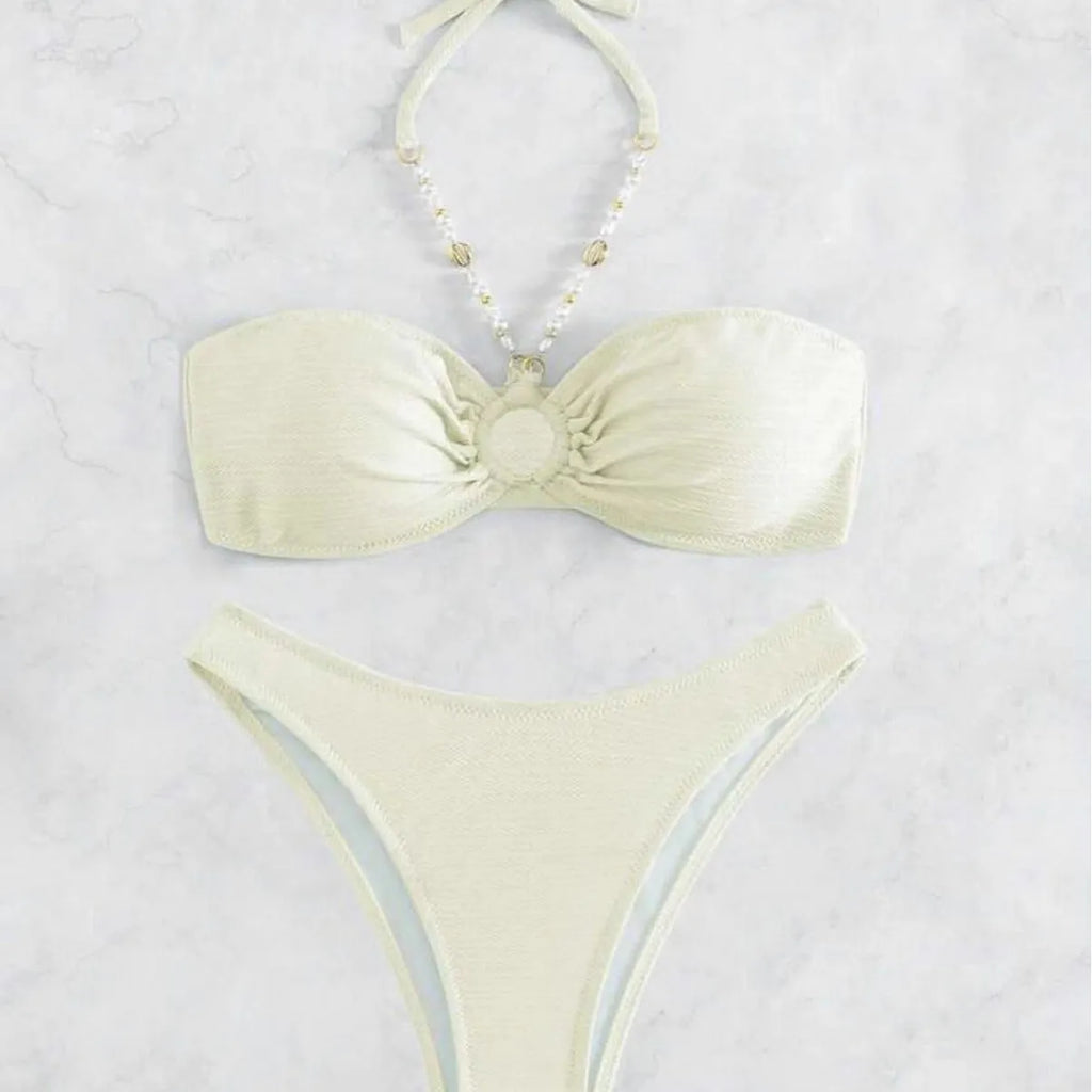 Women's pure colour halter bikini set for swimming sports in polyester fabric