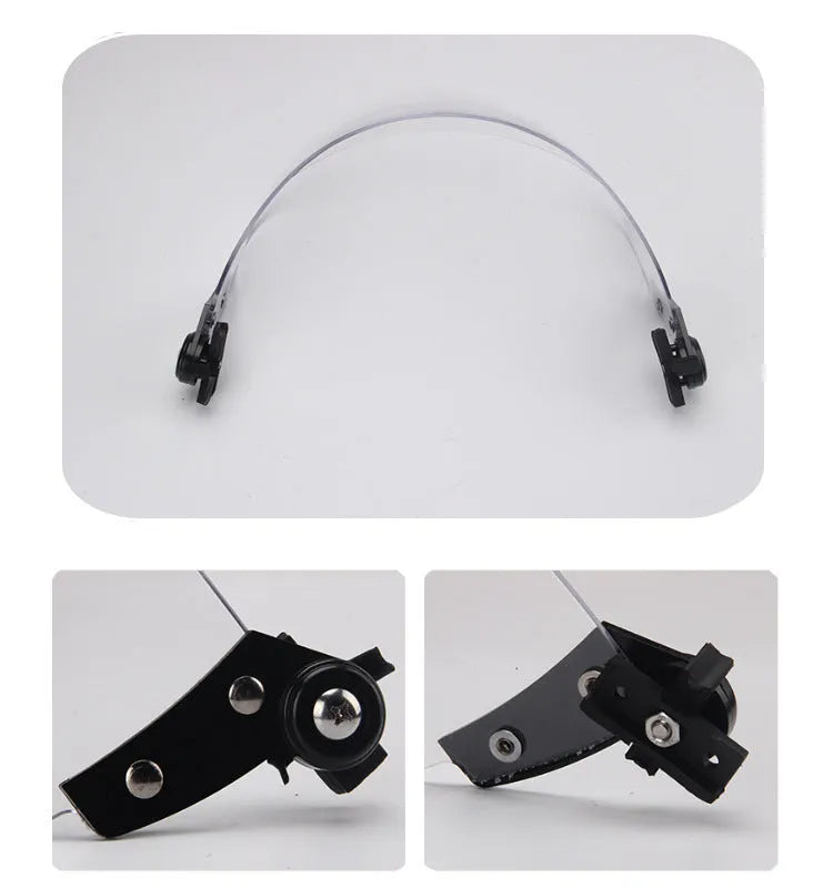 Transparent PC plastic sports helmet mask with a guide rail, shown in a clear colour.