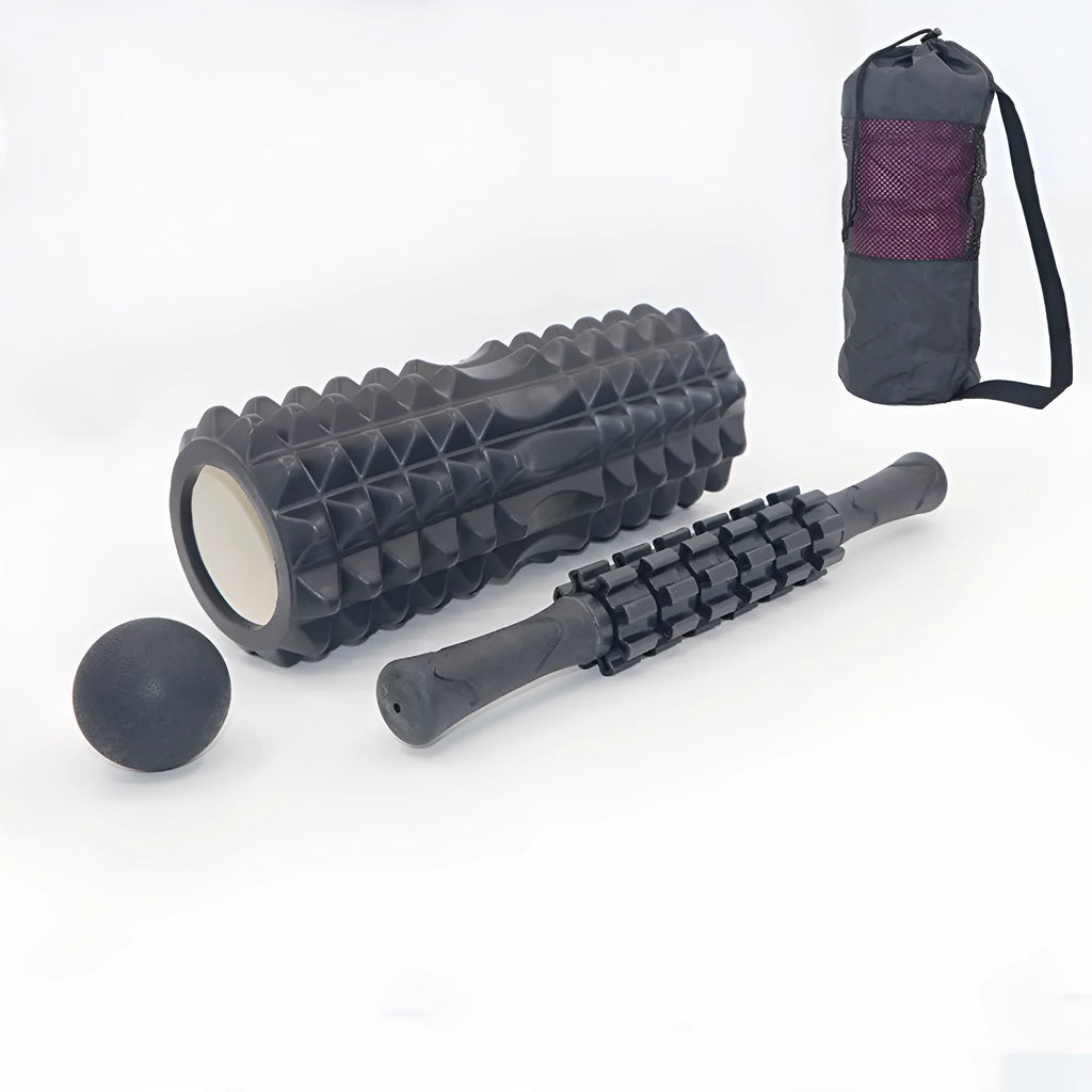 Black foam roller massage stick with gear bar design, 33cm long with six pieces