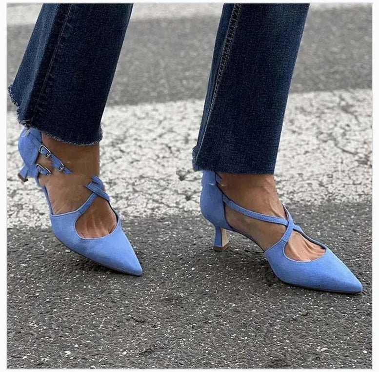 Plus size pointed toe suede cross buckle strap hollowed sandals in apricot, high heel 6-8cm