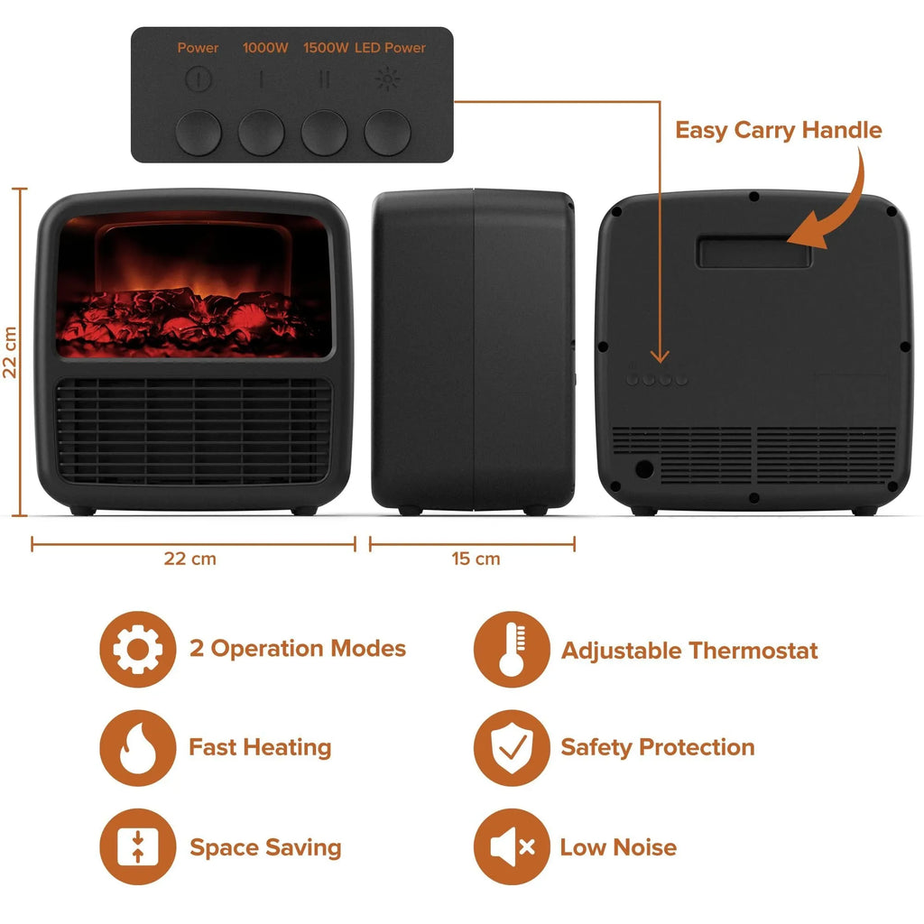 Black desktop ceramic electric space heater with LED flame effect and mechanical controls