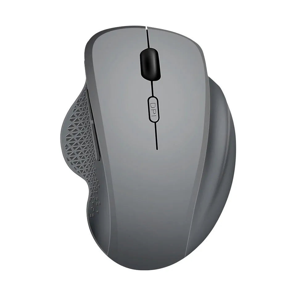 Black and grey USB rechargeable wireless optical mouse for laptops with charging cable.