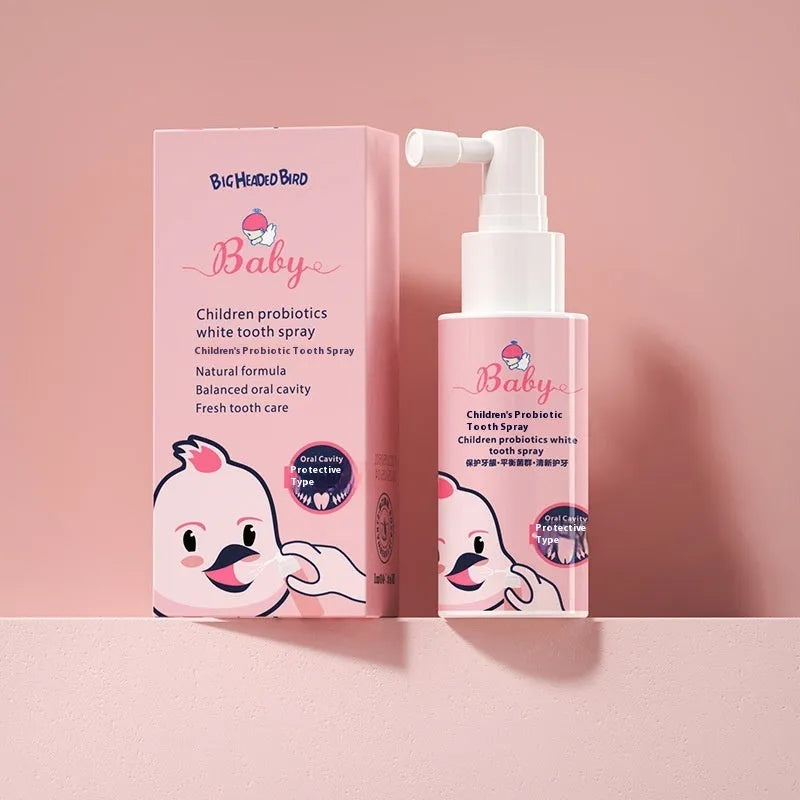 Children's probiotics white teeth cleaning spray 40ml bottle with strawberry or orange flavour options