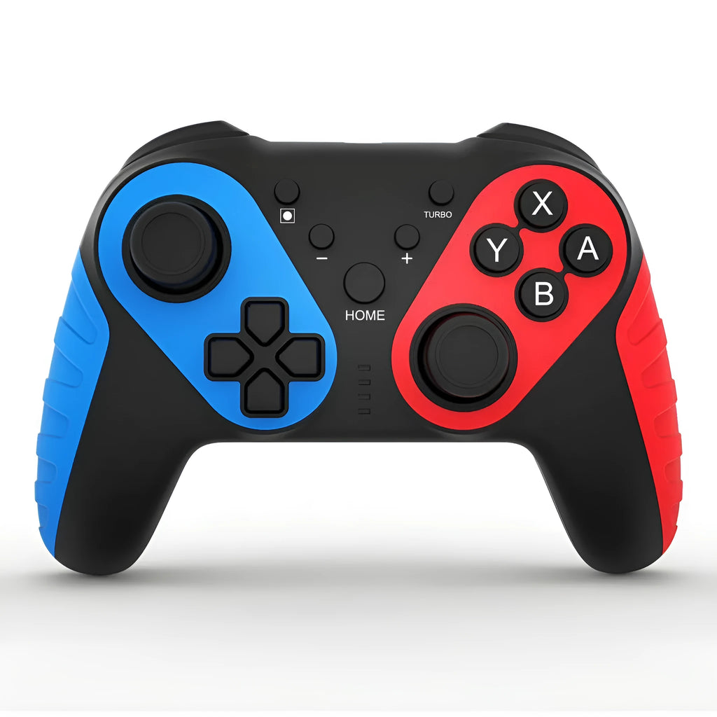 Red and blue wireless Bluetooth gamepad for Nintendo Switch and PC with ergonomic design