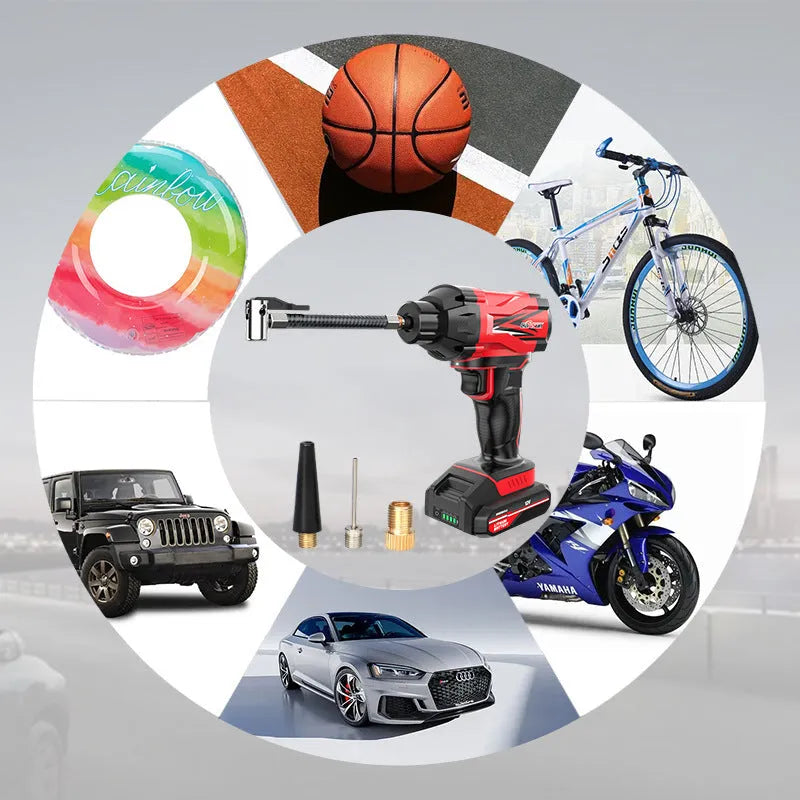 Red and black portable car tyre air pump with power cable and multiple nozzle attachments