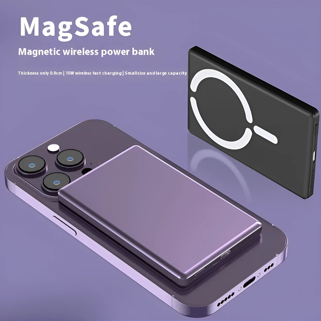 Ultra-thin magnetic power bank with alloy casing in black colour showing 9mm thickness