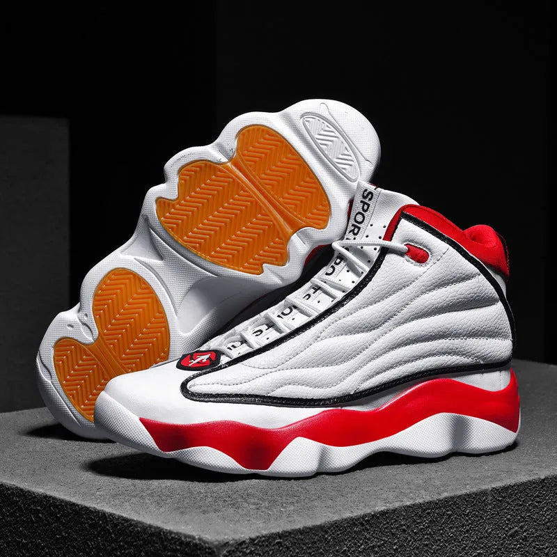 Men's high-top basketball shoes in AJ13 colours with thick rubber sole and mesh upper