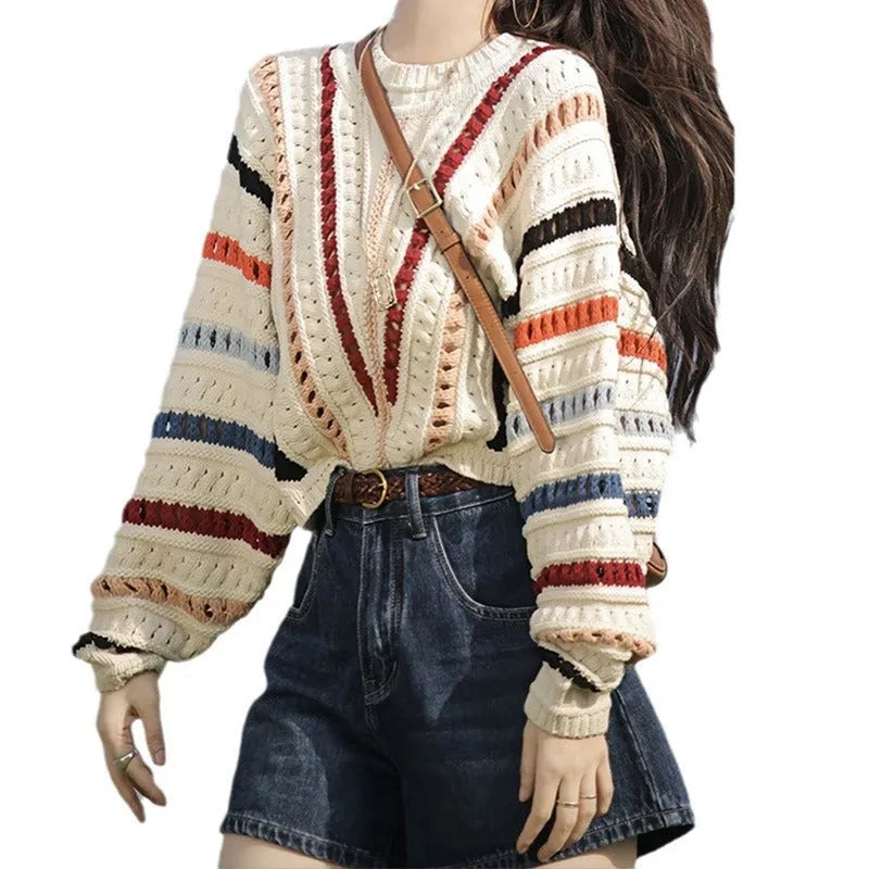 Retro rainbow striped loose-fit pullover sweater with batwing sleeves